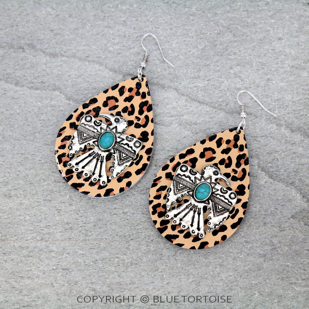 Wooden Teardrop Thunderbird Dangle Earrings