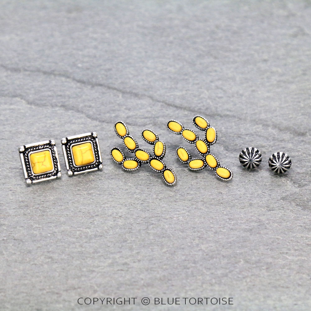3 Pair Western Cactus Earring Set