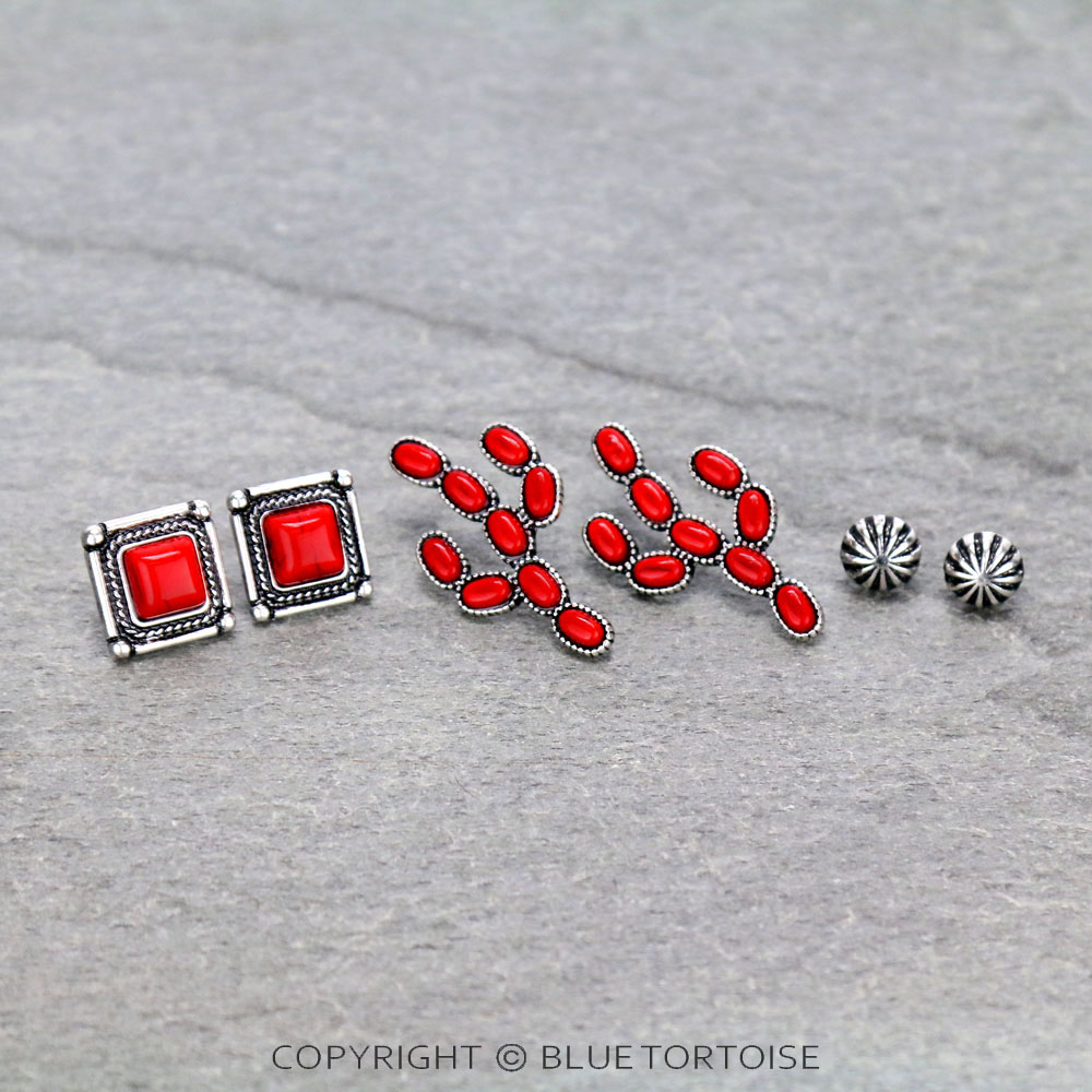 3 Pair Western Cactus Earring Set