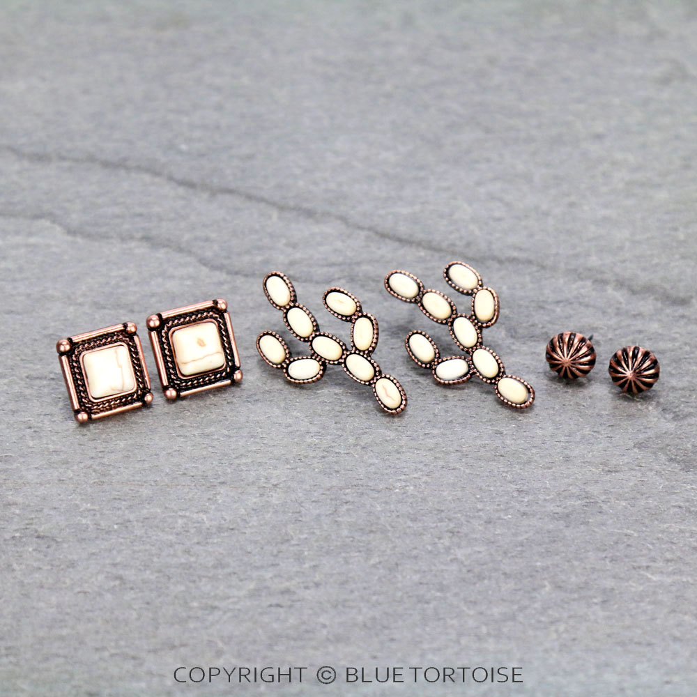 3 Pair Western Cactus Earring Set