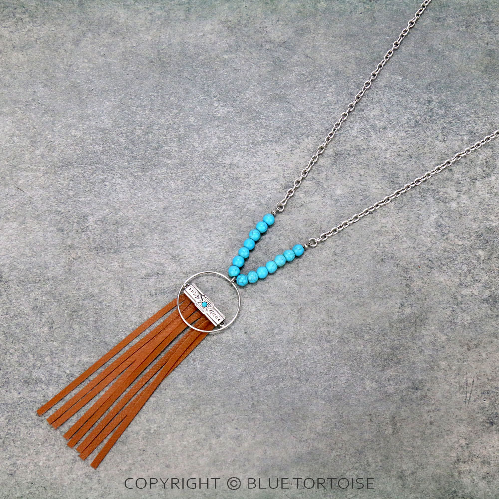 Western Texture Bar with Leather Fringe Necklace