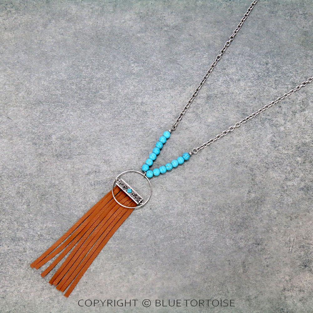 Western Texture Bar with Leather Fringe Necklace