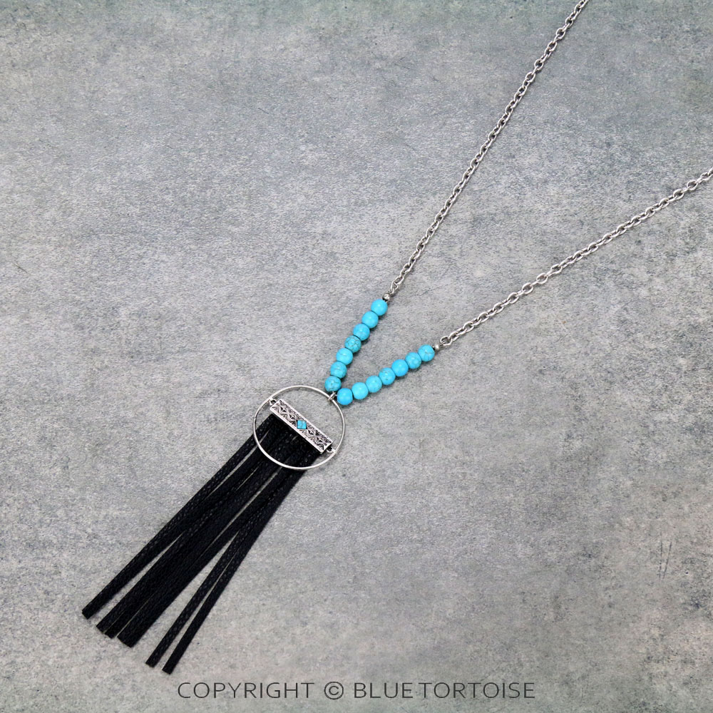 Western Texture Bar with Leather Fringe Necklace