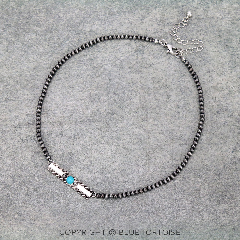 Western Navajo Style Pearl with Texture Bar Necklace