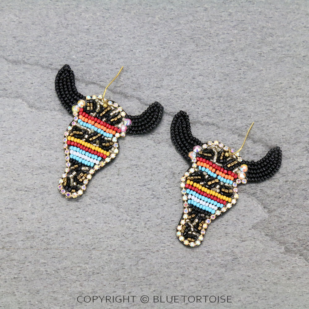 Western Seed Bead Steer Head Dangle Earrings