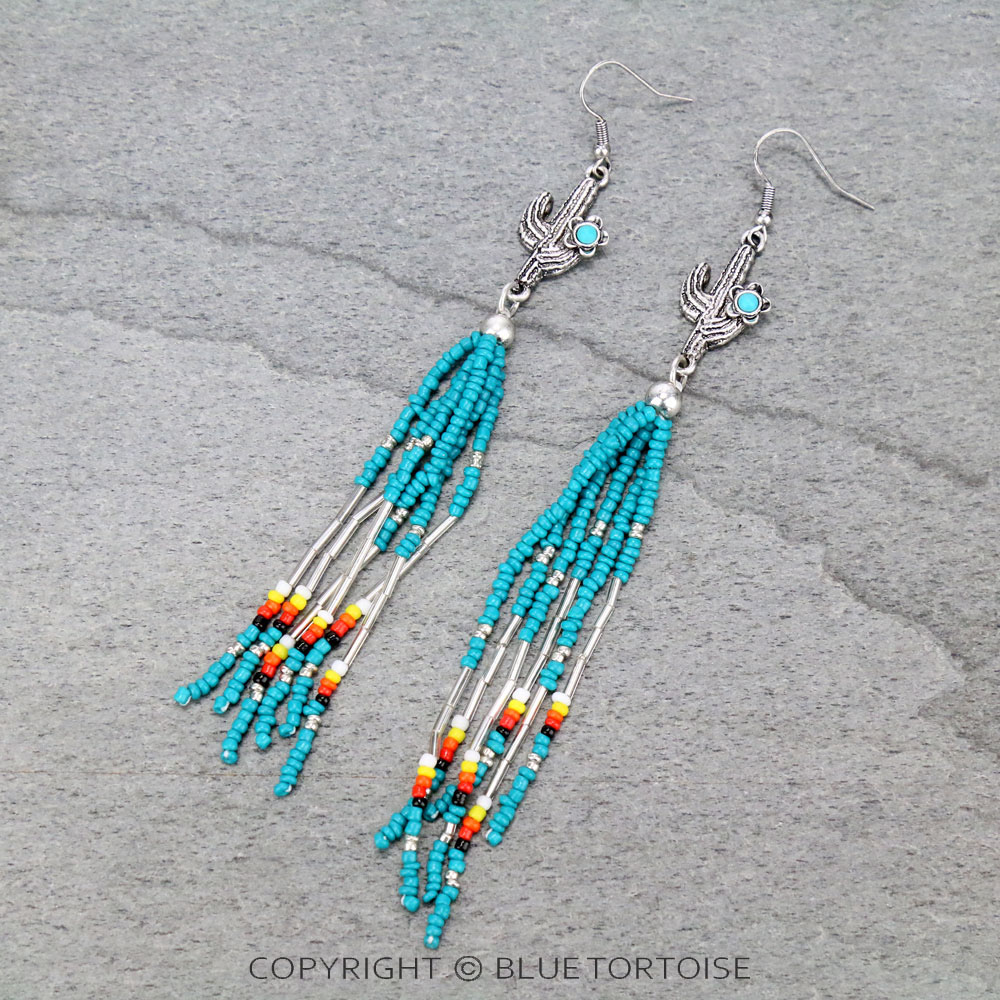 Cactus Seed Bead Tassel Dangle Earrings