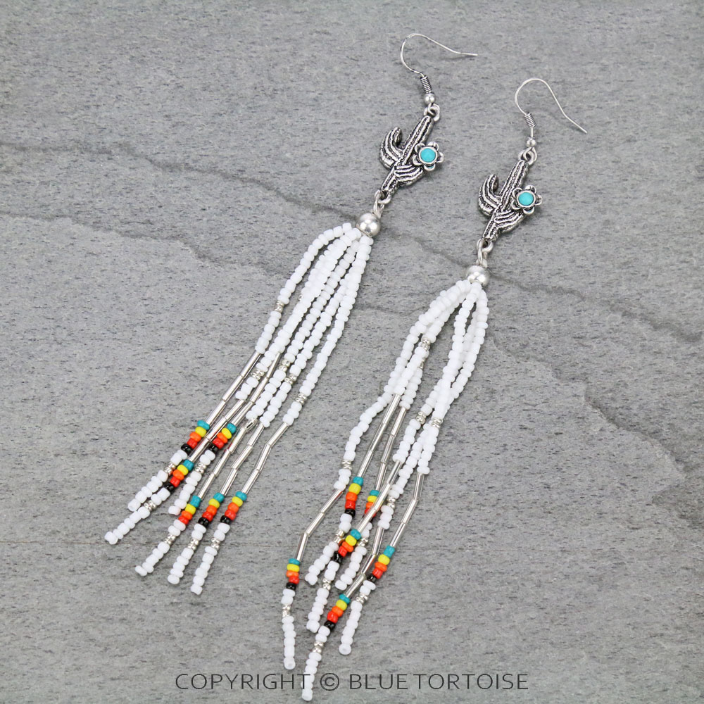 Cactus Seed Bead Tassel Dangle Earrings