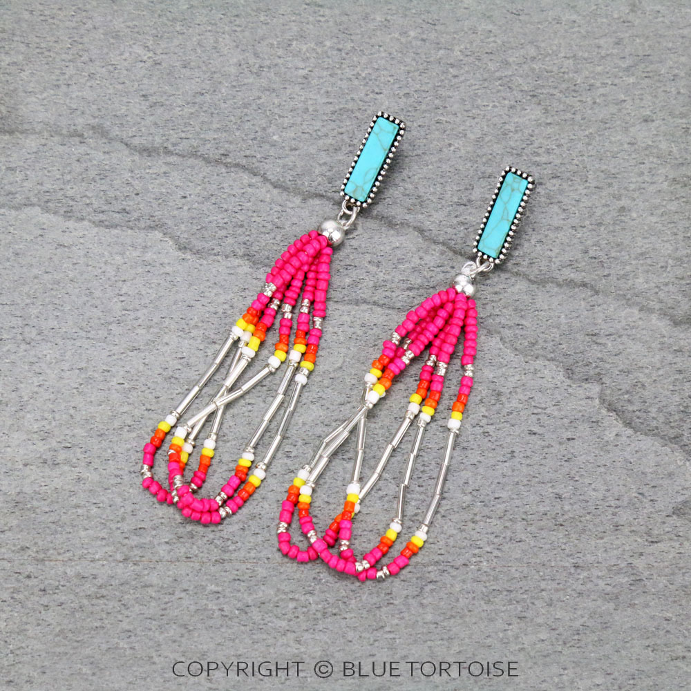 Rectangle Seed Bead Tassel Stud Earrings