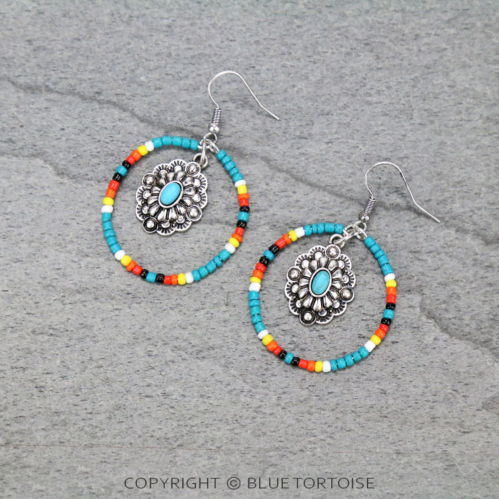 Concho Seed Bead Hoop Dangle Earrings