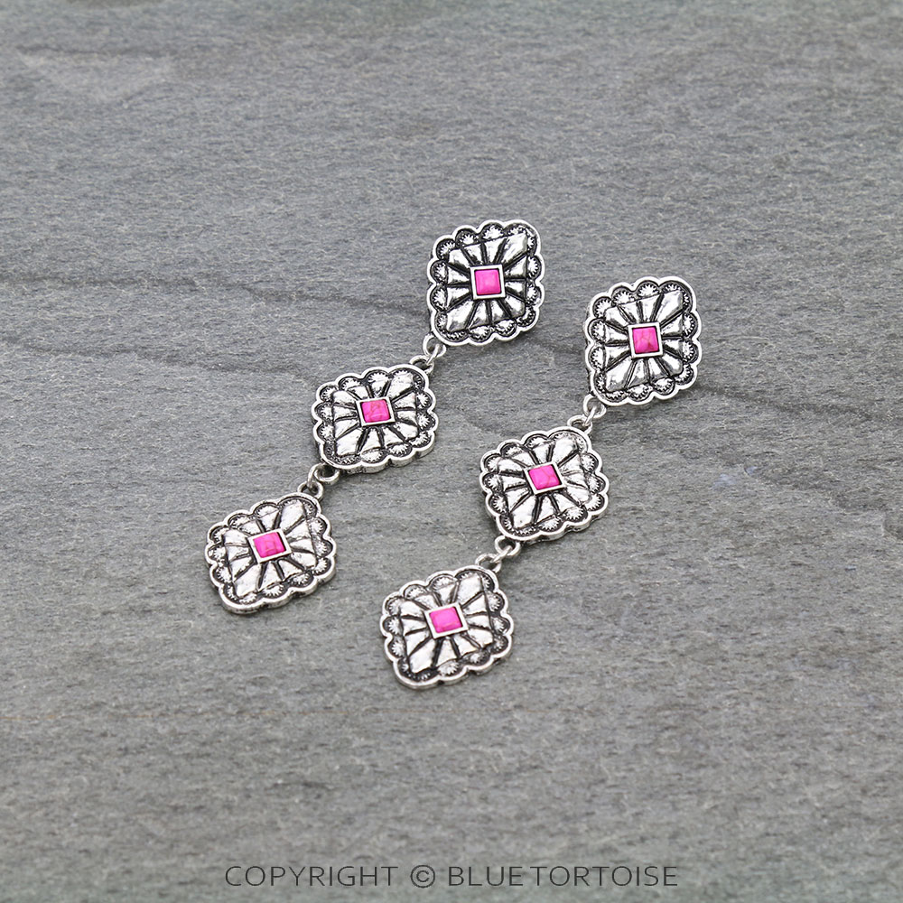 Western Concho Stone Drop Stud Earrings