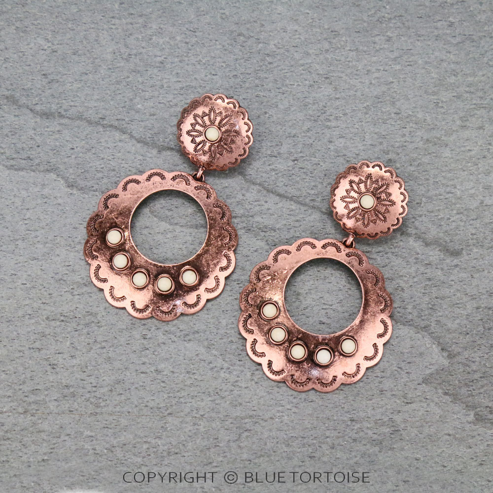 Western Round Concho with Stone Drop Stud Earrings