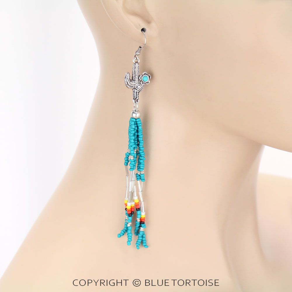 Cactus Seed Bead Tassel Dangle Earrings - Image 2