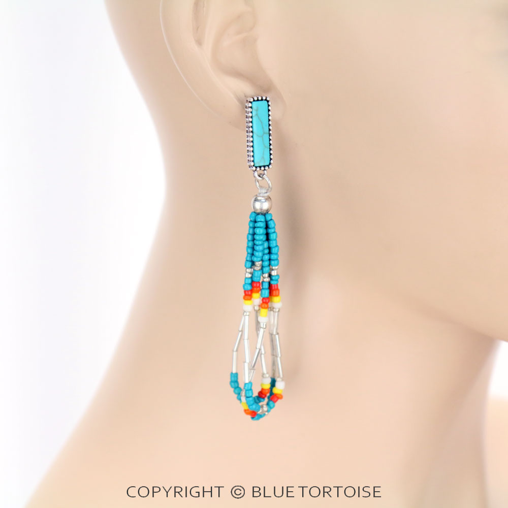 Rectangle Seed Bead Tassel Stud Earrings - Image 2