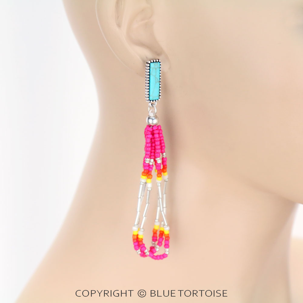 Rectangle Seed Bead Tassel Stud Earrings - Image 2