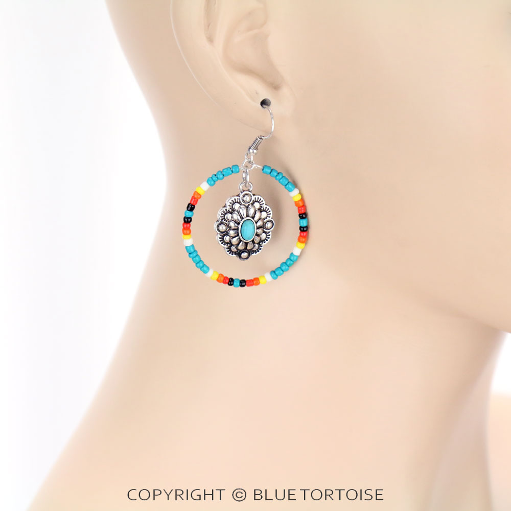 Concho Seed Bead Hoop Dangle Earrings - Image 2
