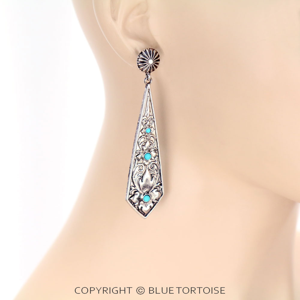 Western Style Flower with Stone Drop Stud Earrings - Image 2
