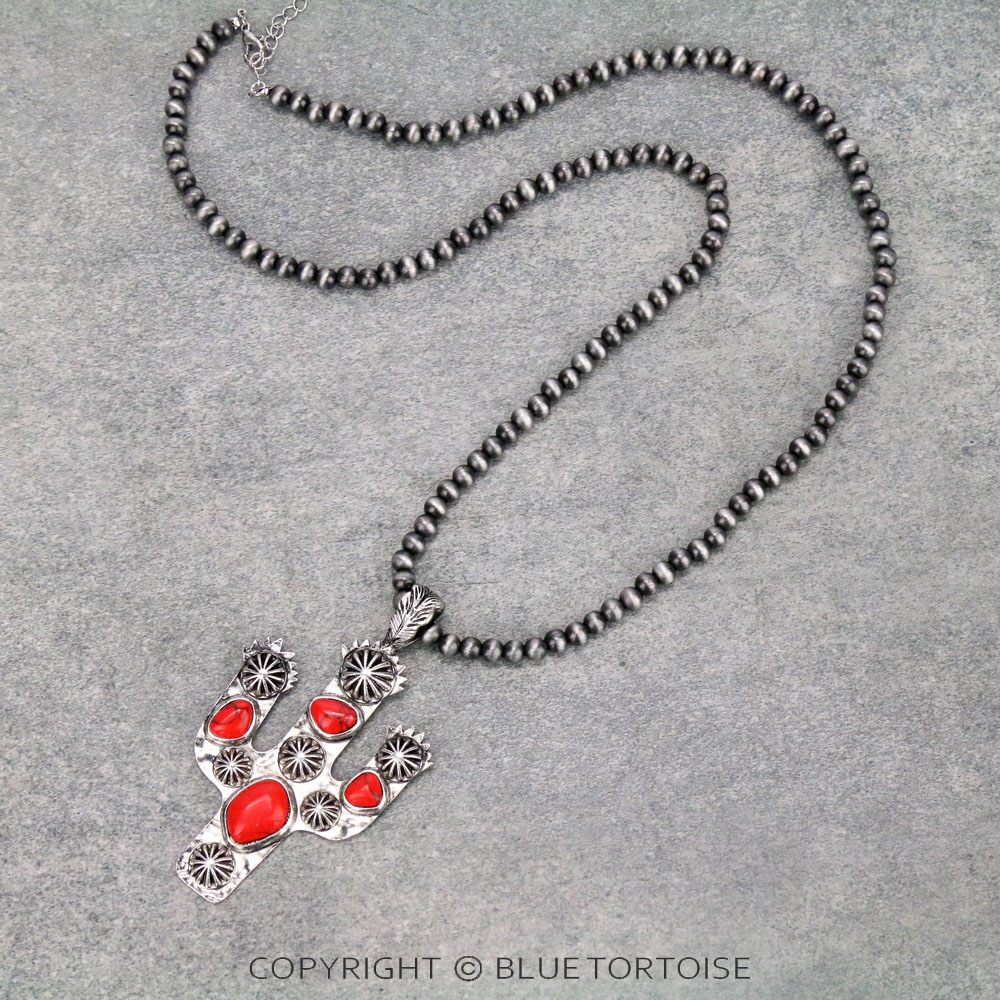 Navajo Style Pearl with Cactus Pendant Necklace
