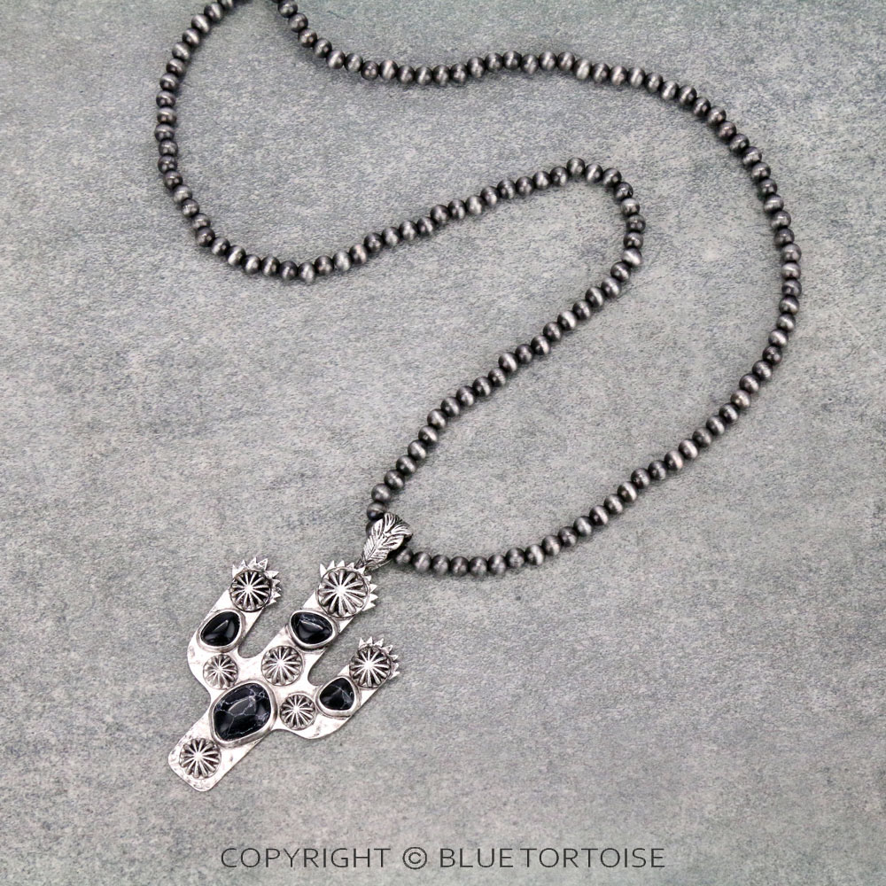 Navajo Style Pearl with Cactus Pendant Necklace