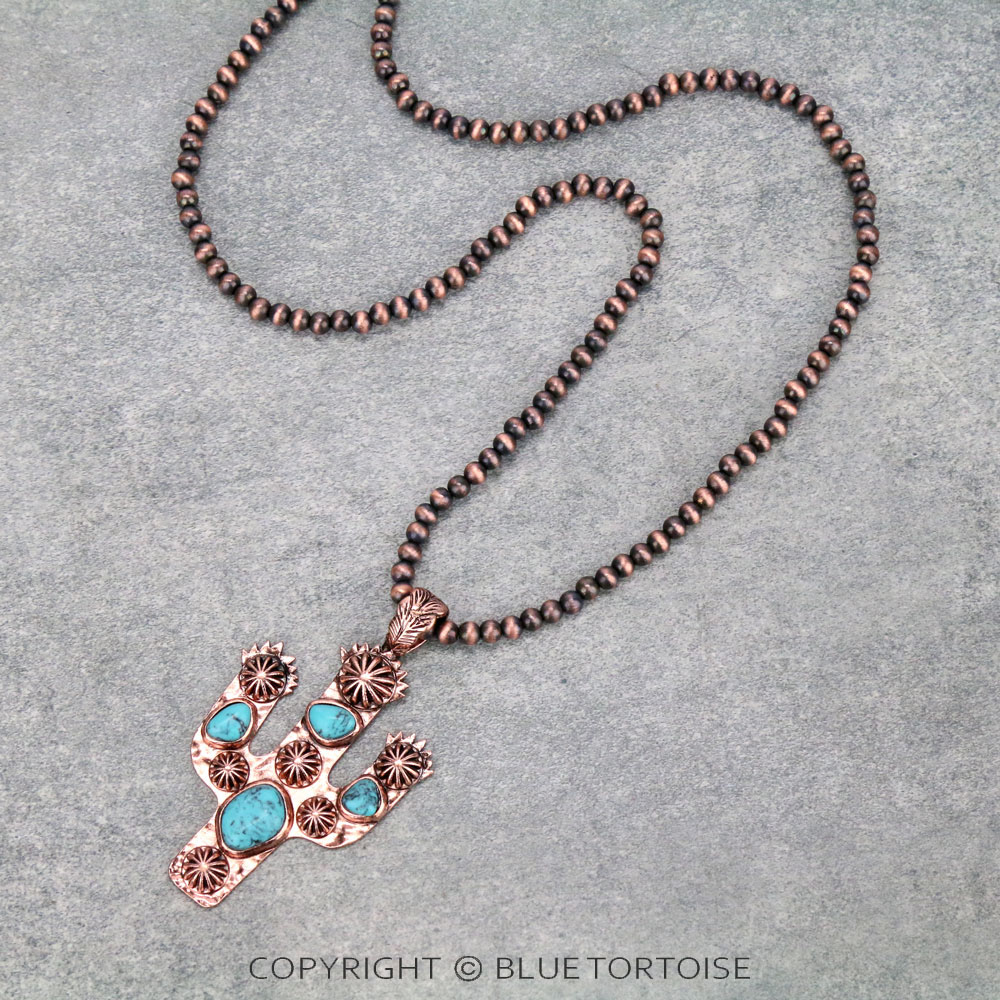 Navajo Style Pearl with Cactus Pendant Necklace