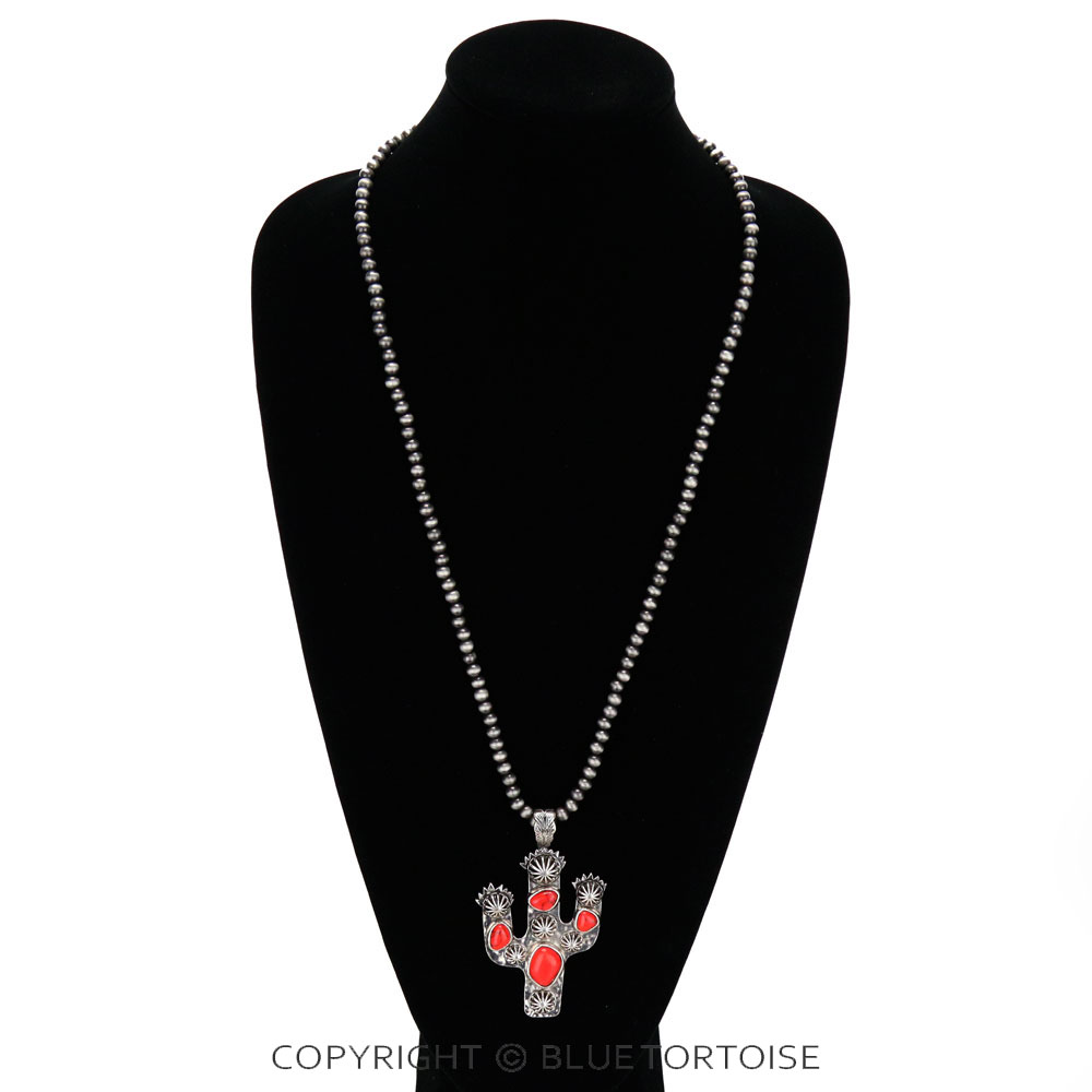 Navajo Style Pearl with Cactus Pendant Necklace - Image 2