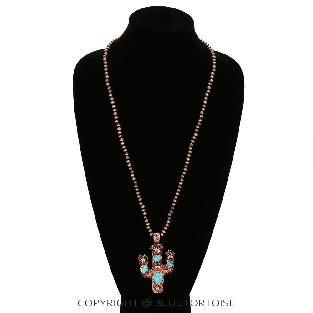 Navajo Style Pearl with Cactus Pendant Necklace - Image 2