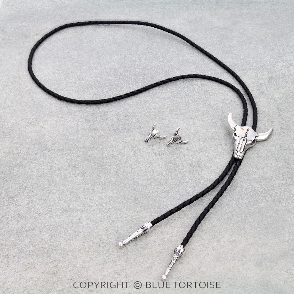 Western Steer Skull Bolo Necklace Set