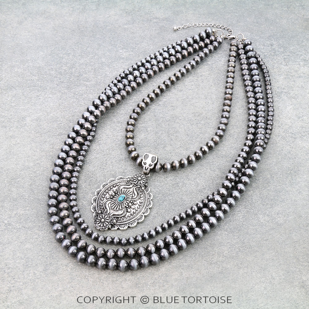 4 Row Navajo Style Pearl with Concho Pendant Necklace