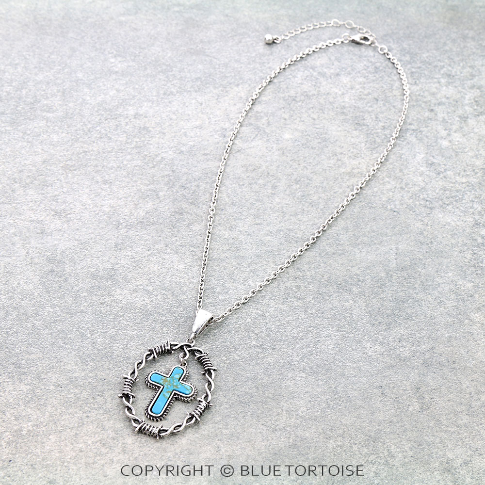 Western Barbed Wire with Cross Stone Pendant Necklace