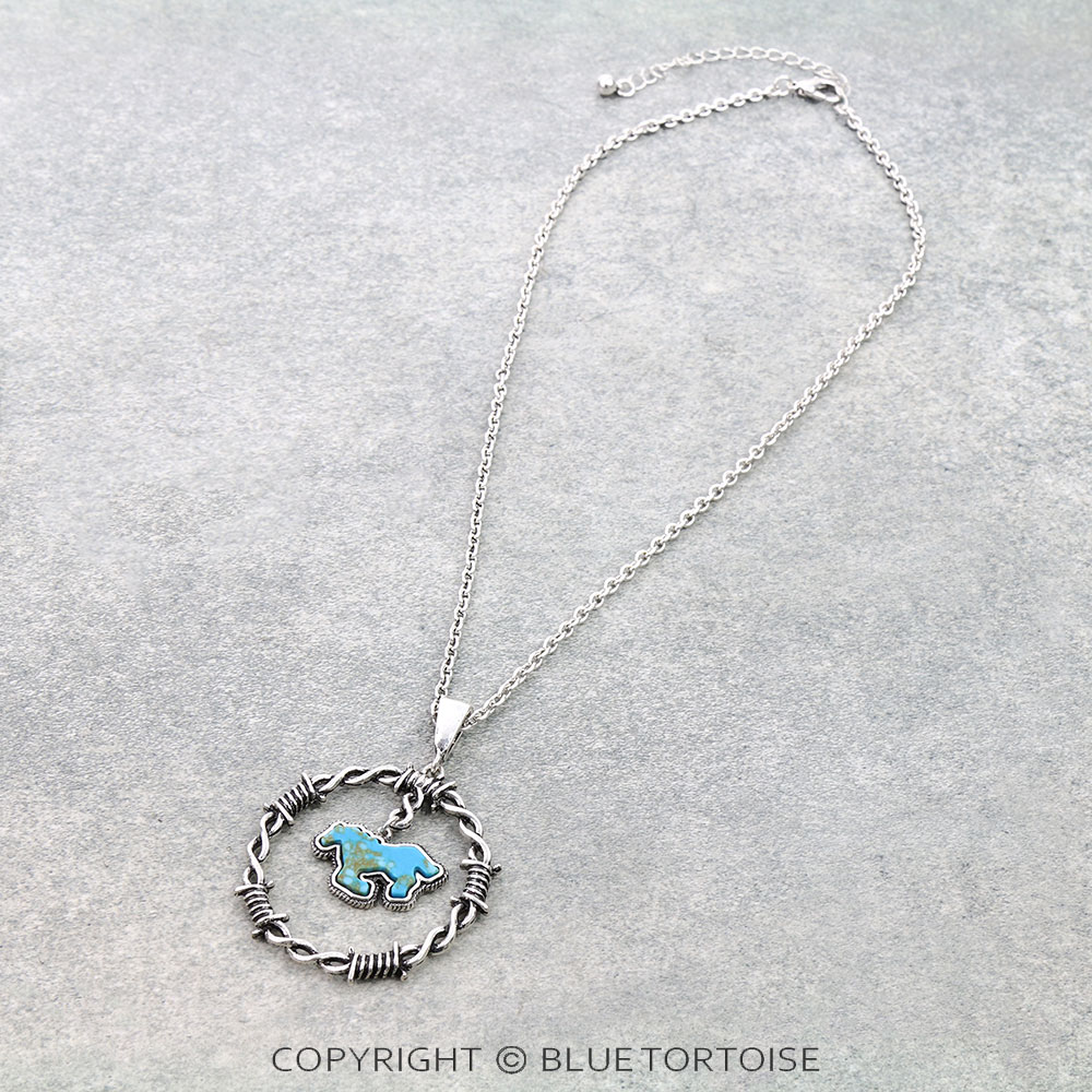 Western Barbed Wire with Horse Stone Pendant Necklace