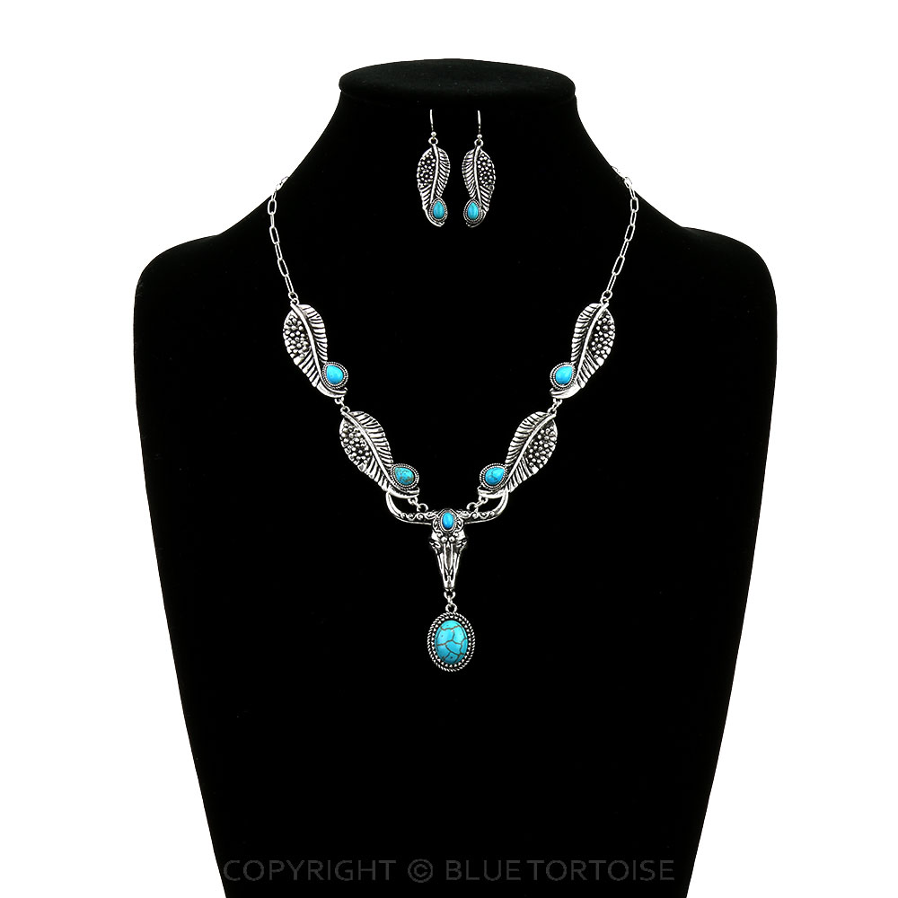 Western Steer Skull Stone Necklace Set - Image 2