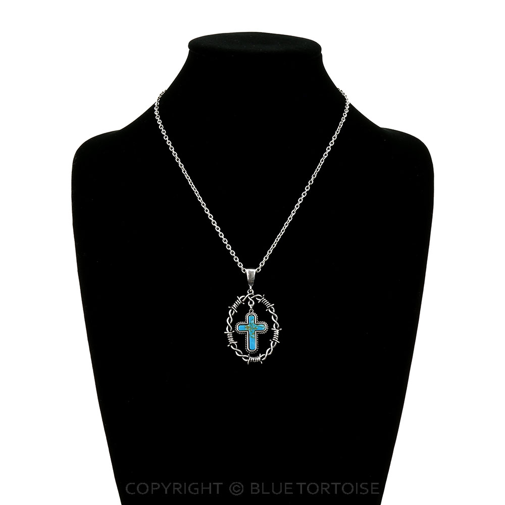 Western Barbed Wire with Cross Stone Pendant Necklace - Image 2