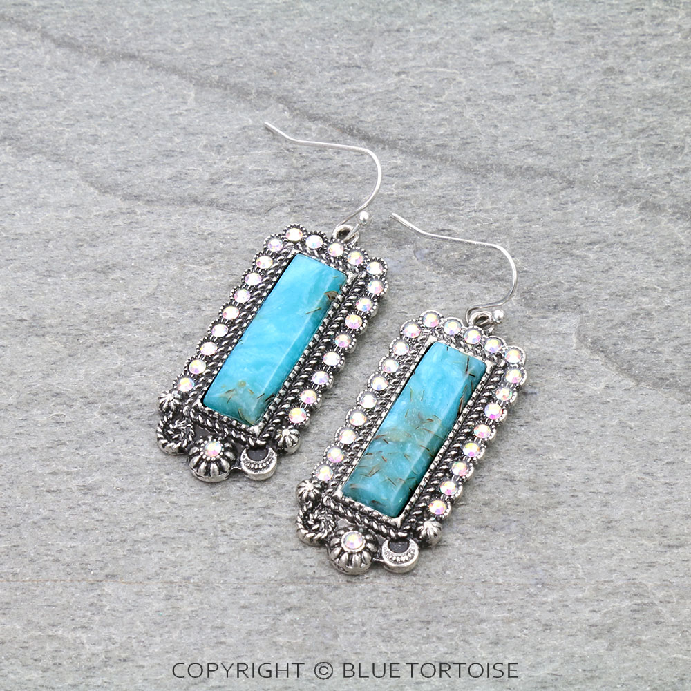 Western Rectangle Hand Craft Stone Dangle Earrings