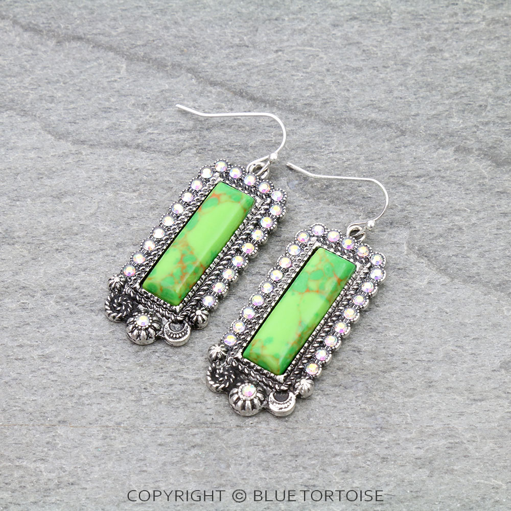Western Rectangle Hand Craft Stone Dangle Earrings