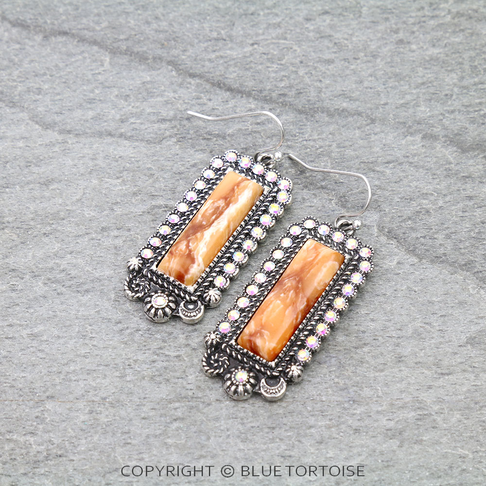 Western Rectangle Hand Craft Stone Dangle Earrings