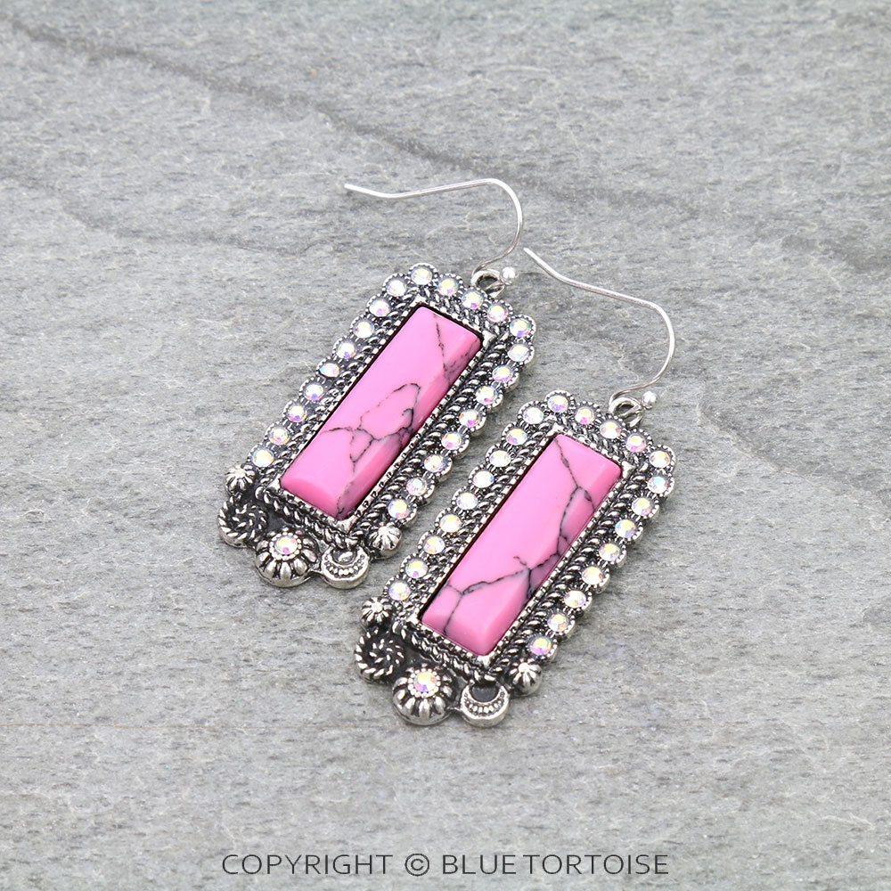 Western Rectangle Hand Craft Stone Dangle Earrings