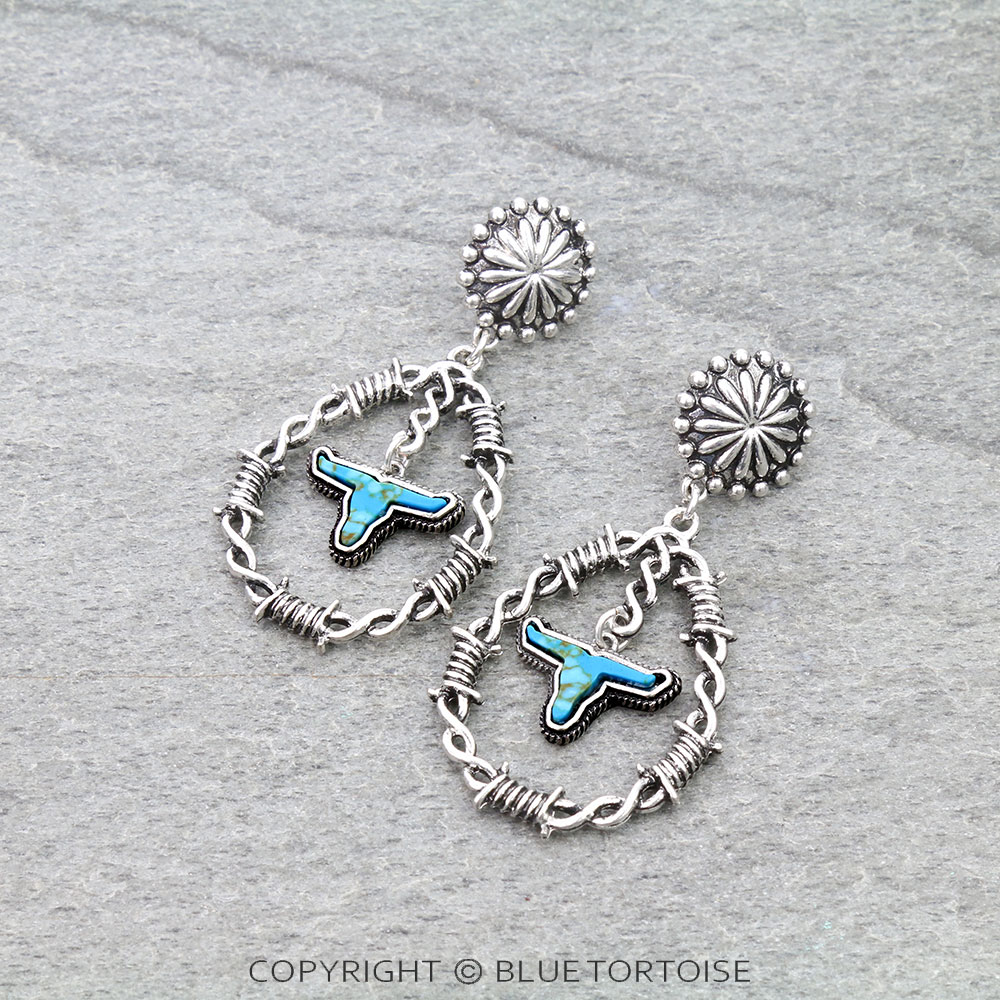 Western Barbed Wire with Steer Skull Stone Stud Earrings