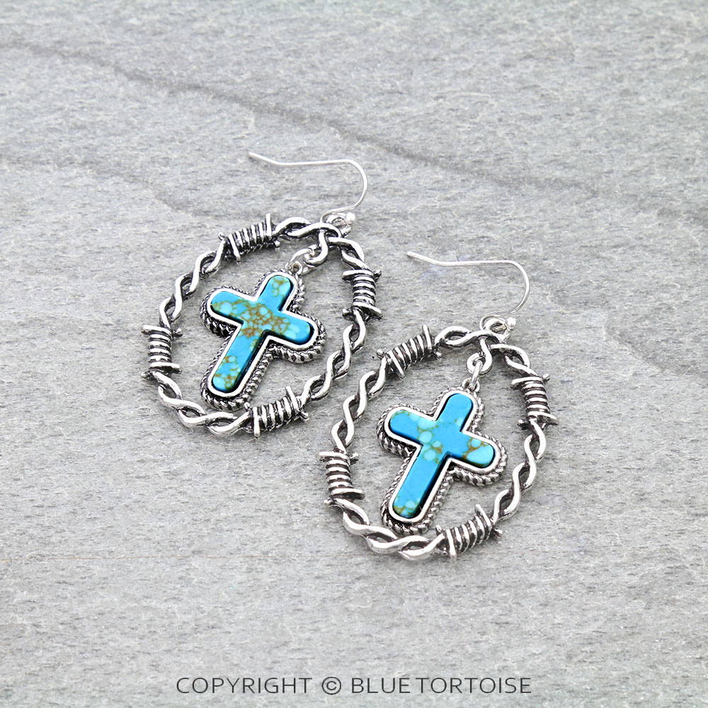 Western Barbed Wire with Cross Stone Dangle Earrings