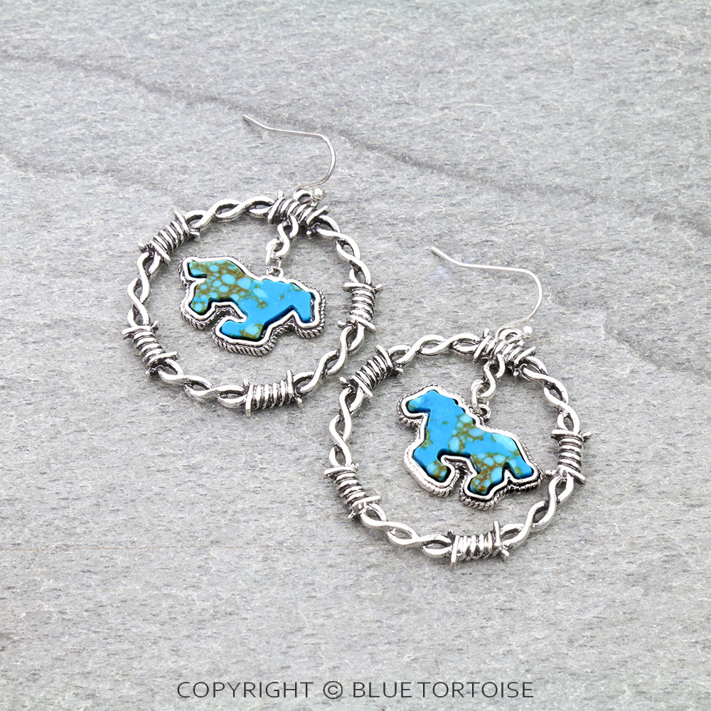 Western Barbed Wire with Horse Stone Dangle Earrings