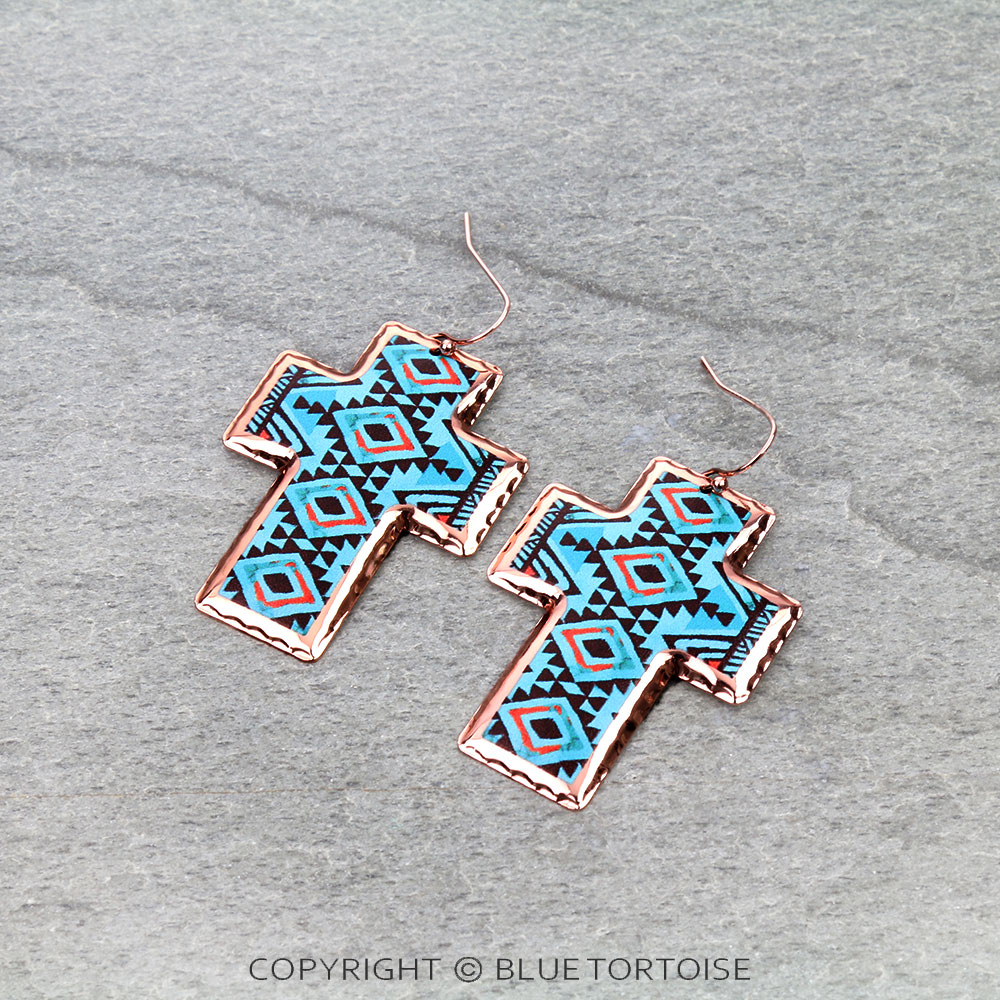 Western Aztec Print Stamping Cross Dangle Earrings
