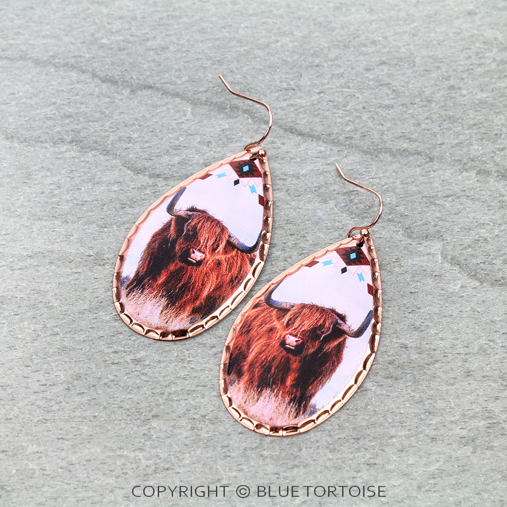 Western Highland Cow Print Stamping Teardrop Dangle Earrings