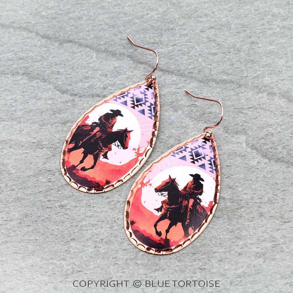 Western Cowboy Print Stamping Teardrop Dangle Earrings