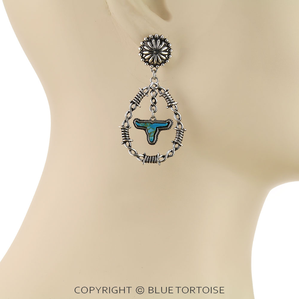 Western Barbed Wire with Steer Skull Stone Stud Earrings - Image 2