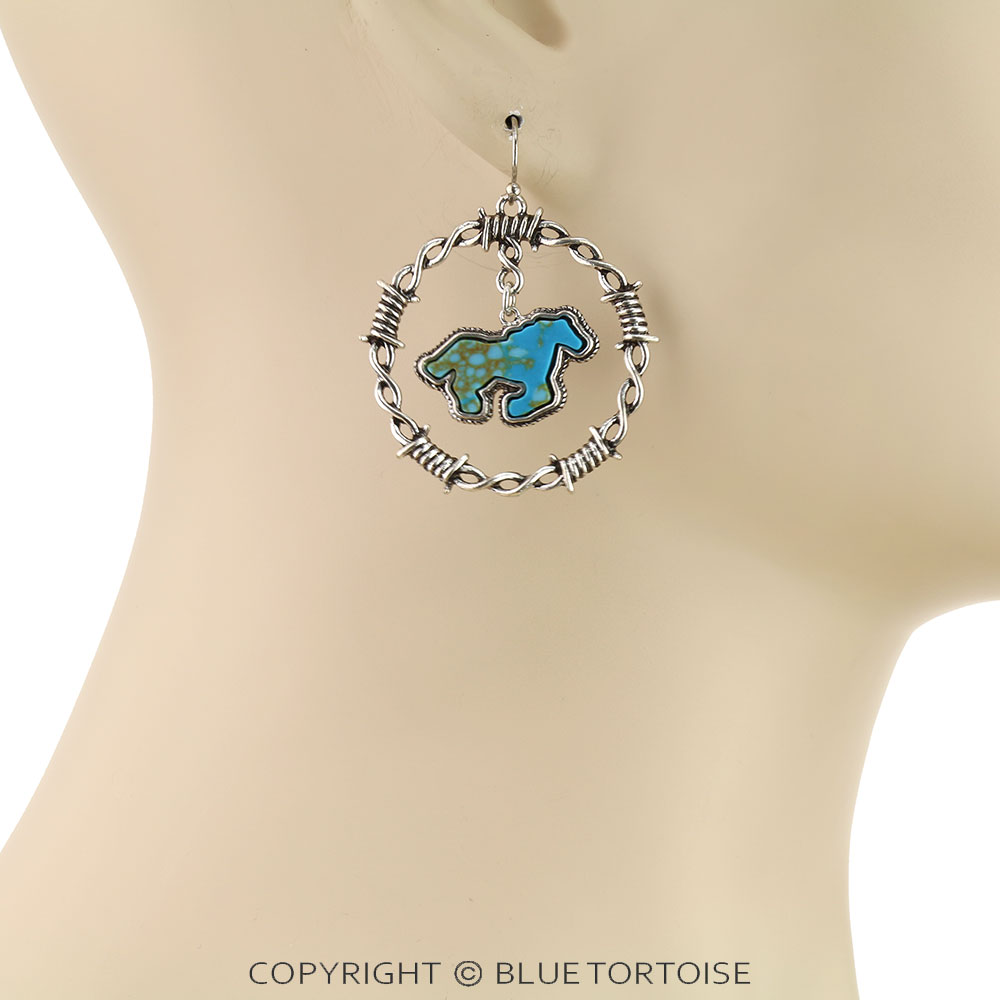 Western Barbed Wire with Horse Stone Dangle Earrings - Image 2
