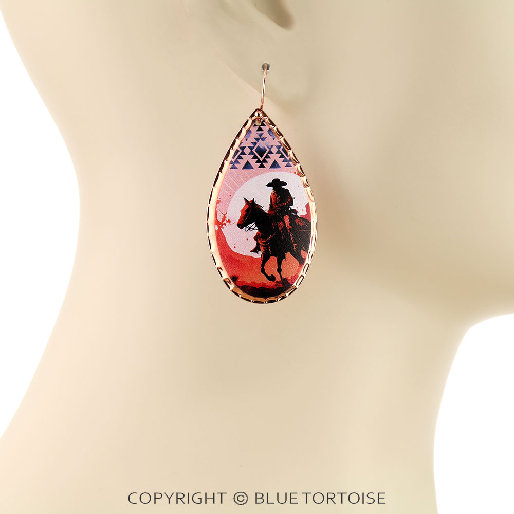 Western Cowboy Print Stamping Teardrop Dangle Earrings - Image 2