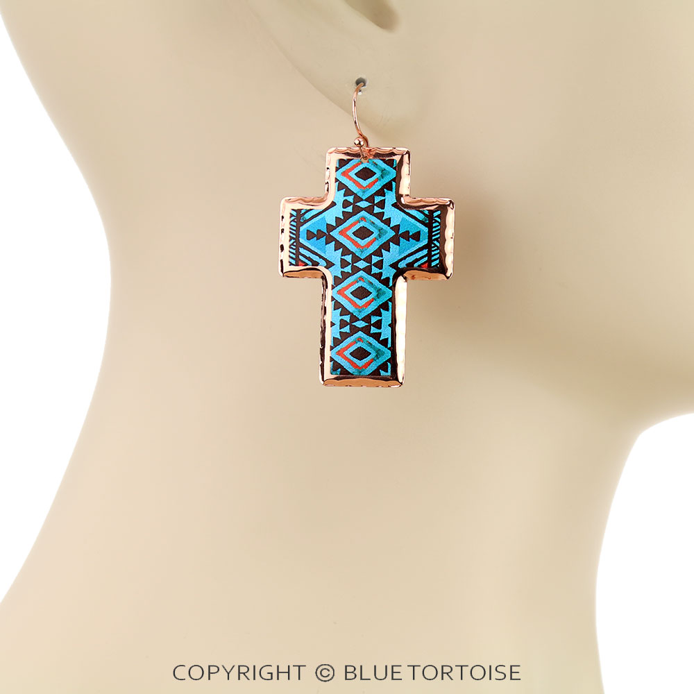 Western Aztec Print Stamping Cross Dangle Earrings - Image 2