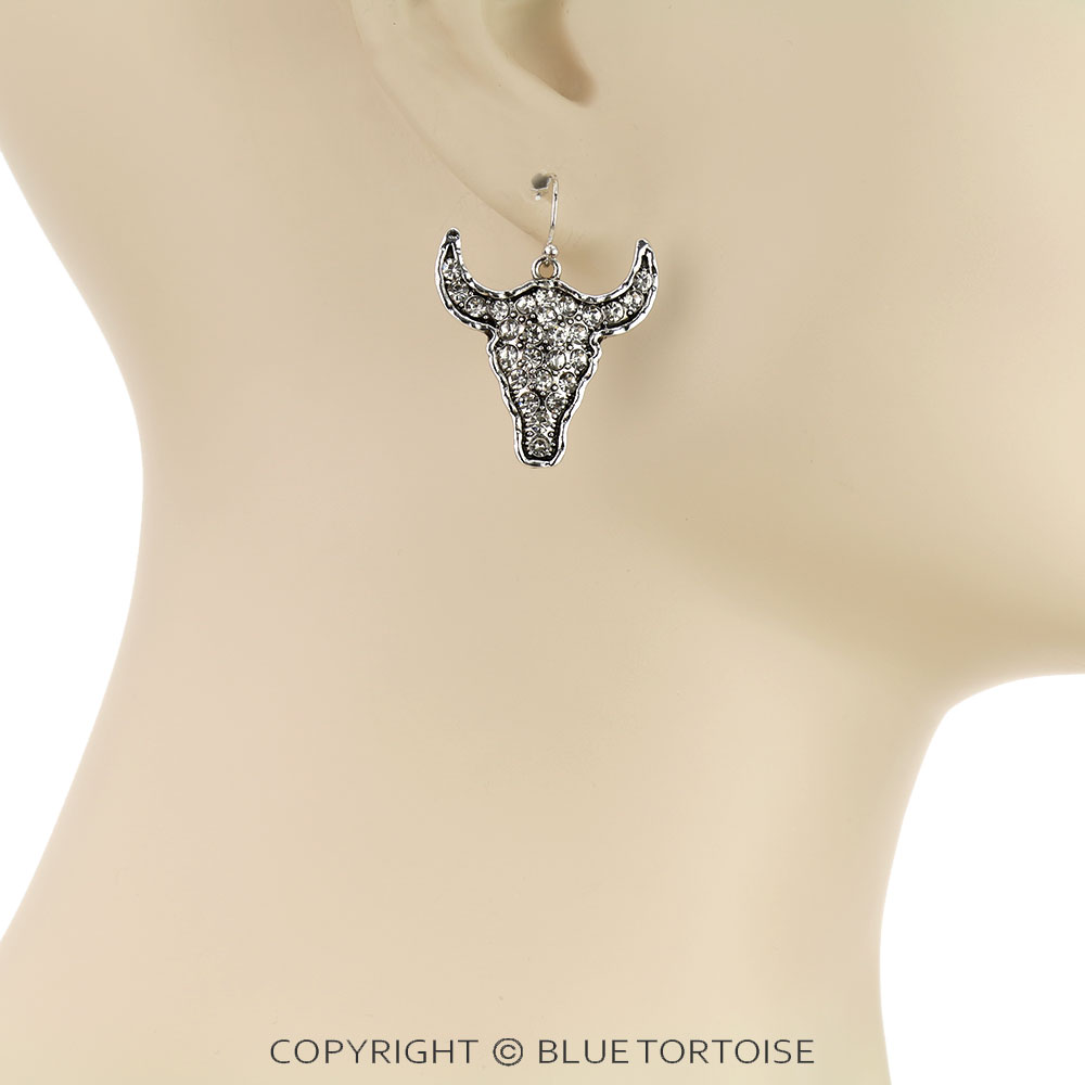 Western Steer Skull Stone Dangle Earrings - Image 2