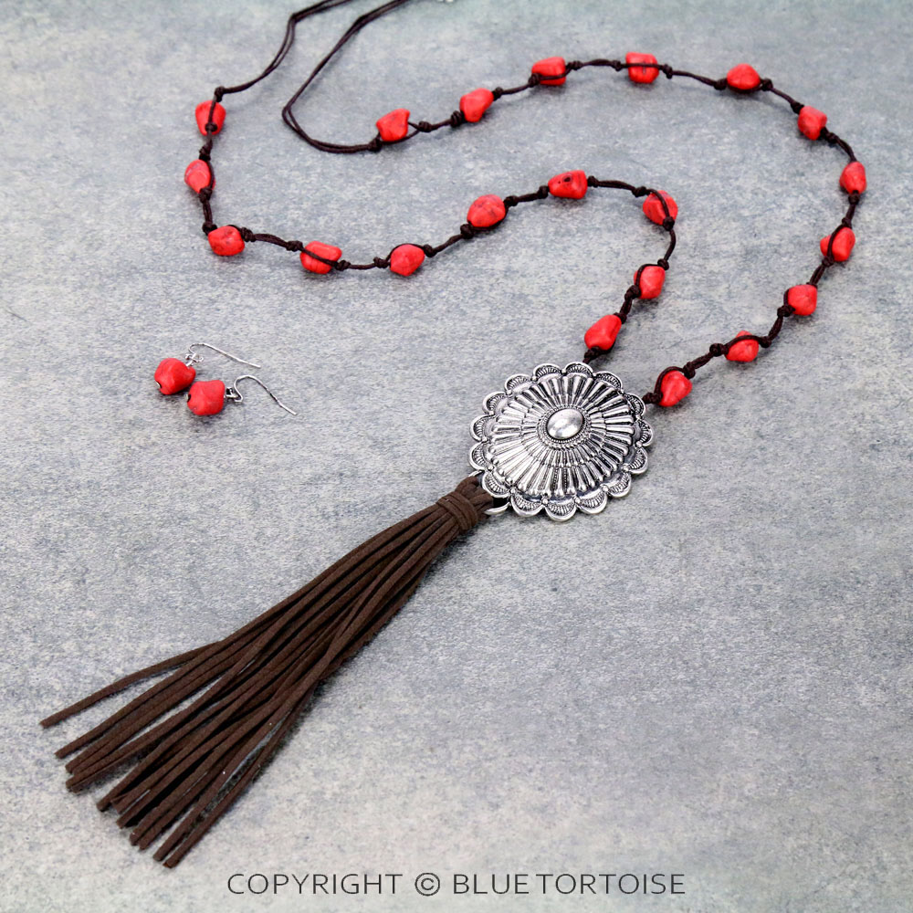 Western Semi Stone with Concho Pendant Tassel Necklace Set