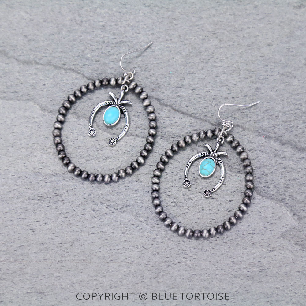 Navajo Style Pearl with Squash Blossom Charm Dangle Earrings