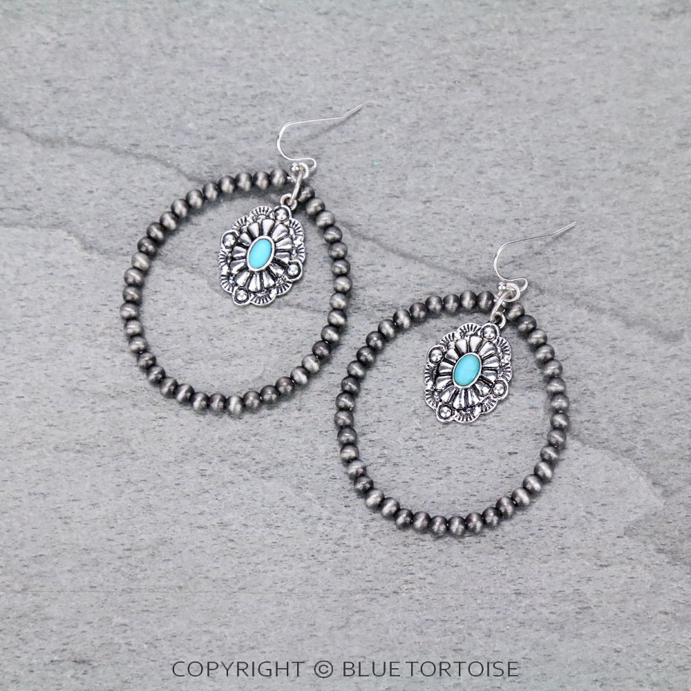 Navajo Style Pearl with Concho Charm Dangle Earrings