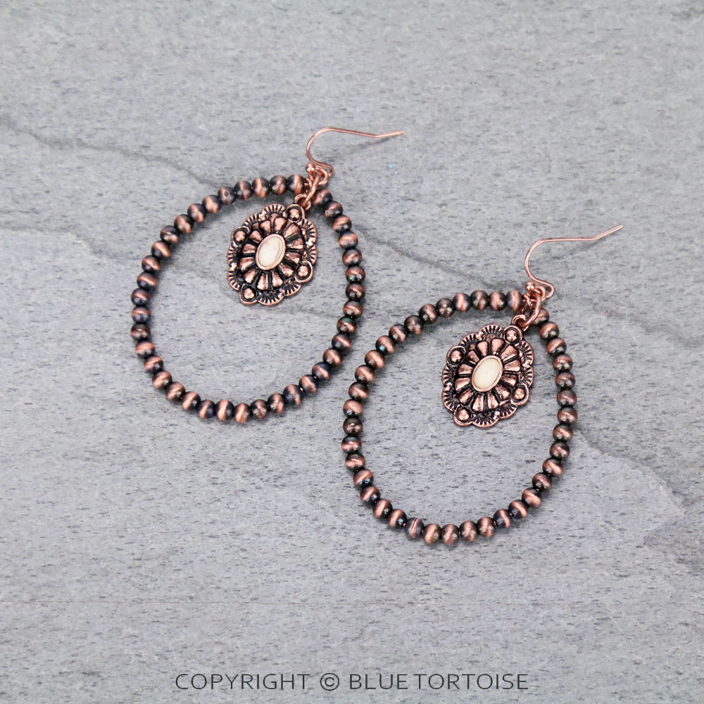 Navajo Style Pearl with Concho Charm Dangle Earrings